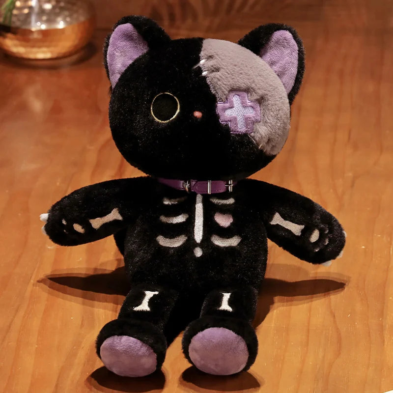 35cm Kawaii Black Serie Skeleton Cat Soft Plush Toy Creative Stuffed Animal Fluffly Gothic Skull Kitten for Kids Halloween Gifts Furever Adorable