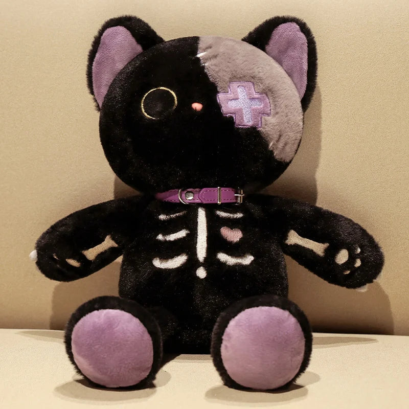 35cm Kawaii Black Serie Skeleton Cat Soft Plush Toy Creative Stuffed Animal Fluffly Gothic Skull Kitten for Kids Halloween Gifts Furever Adorable
