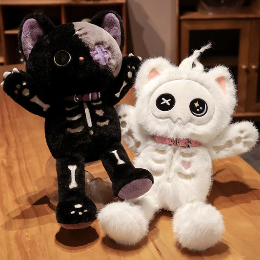 35cm Kawaii Black Serie Skeleton Cat Soft Plush Toy Creative Stuffed Animal Fluffly Gothic Skull Kitten for Kids Halloween Gifts Furever Adorable