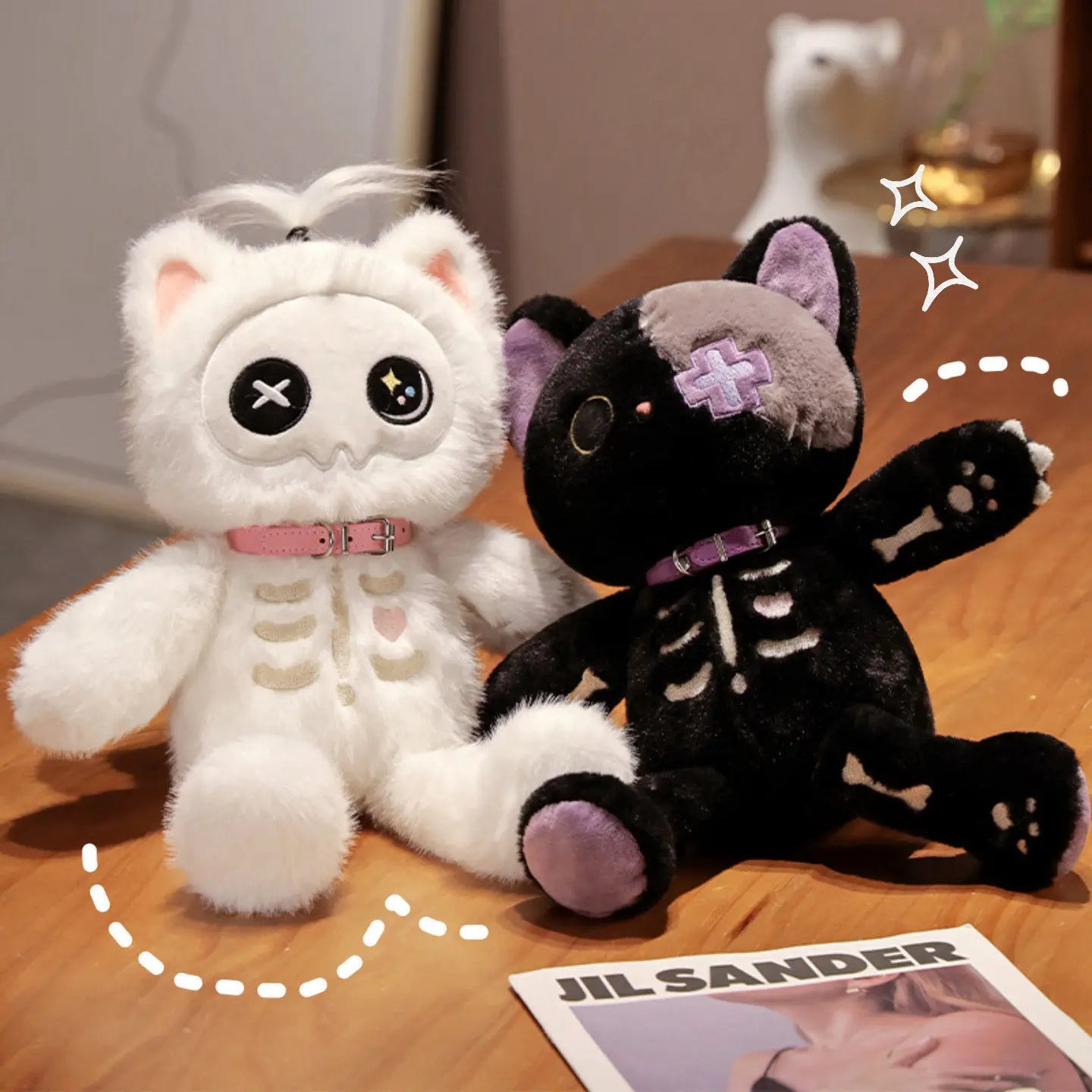 35cm Kawaii Black Serie Skeleton Cat Soft Plush Toy Creative Stuffed Animal Fluffly Gothic Skull Kitten for Kids Halloween Gifts Furever Adorable