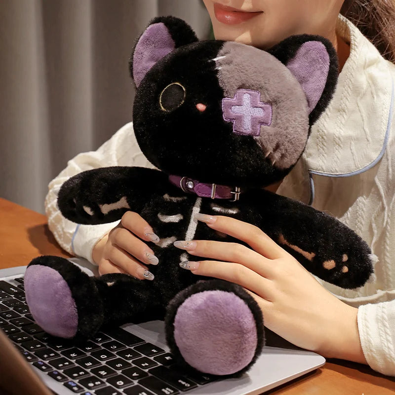 35cm Kawaii Black Serie Skeleton Cat Soft Plush Toy Creative Stuffed Animal Fluffly Gothic Skull Kitten for Kids Halloween Gifts Furever Adorable
