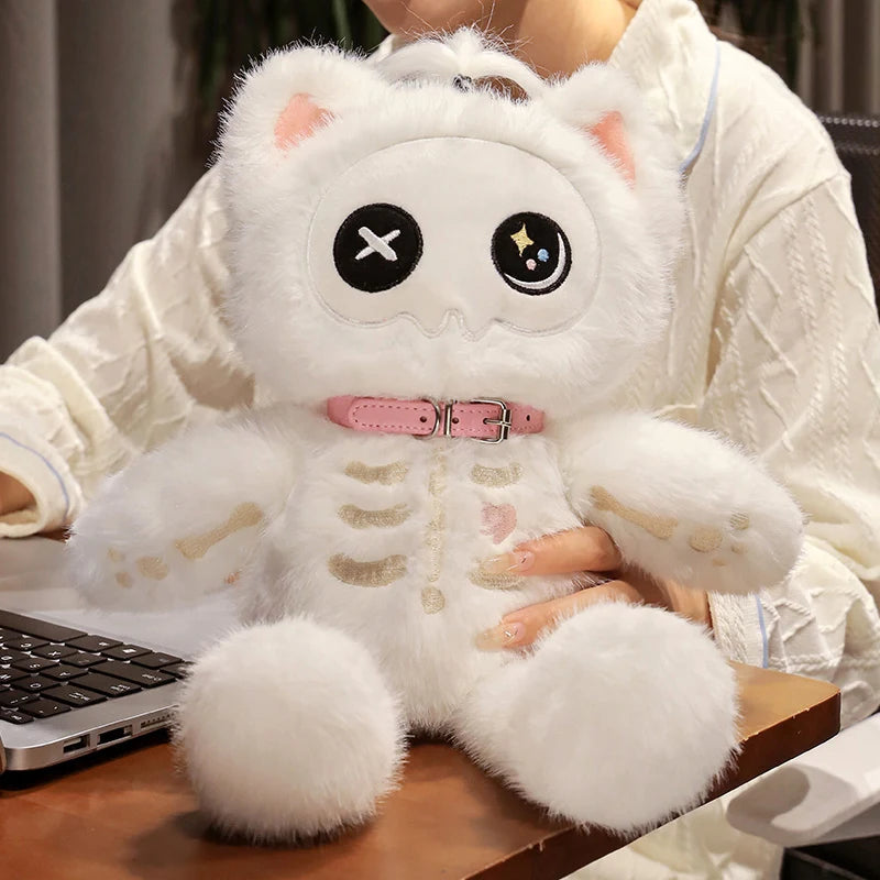 35cm Kawaii Black Serie Skeleton Cat Soft Plush Toy Creative Stuffed Animal Fluffly Gothic Skull Kitten for Kids Halloween Gifts Furever Adorable