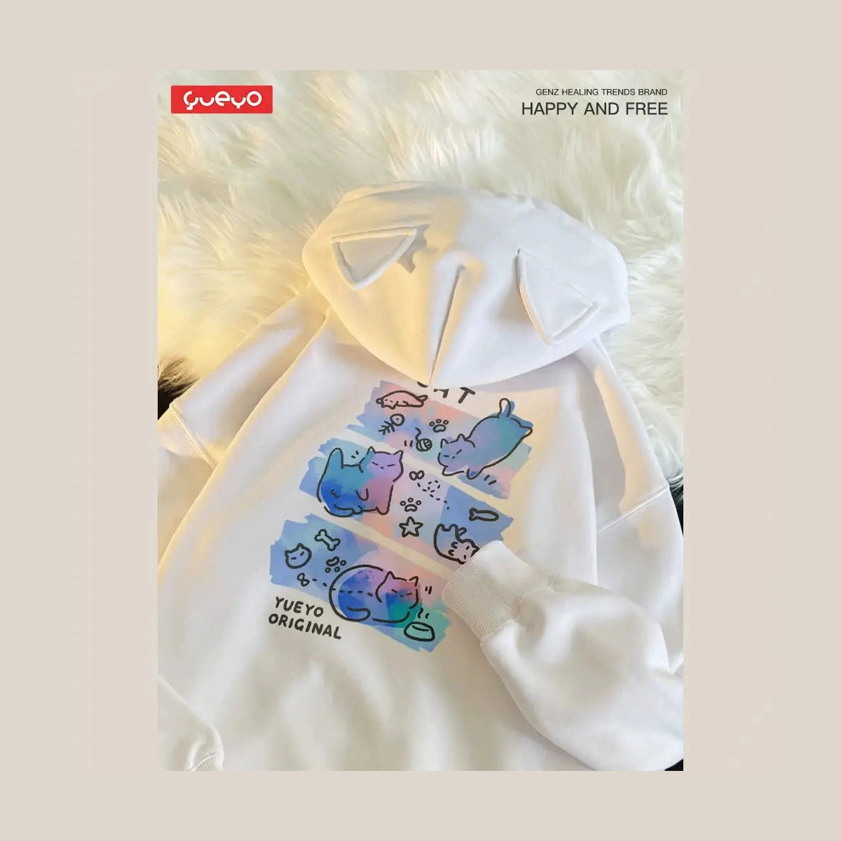 Colorful Casual Cat Pattern Fleece-lined Fun Printing Hoodie-Furever Adorable