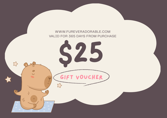 Cartoon bear holding a $25 gift voucher with a thought bubble on a dark background