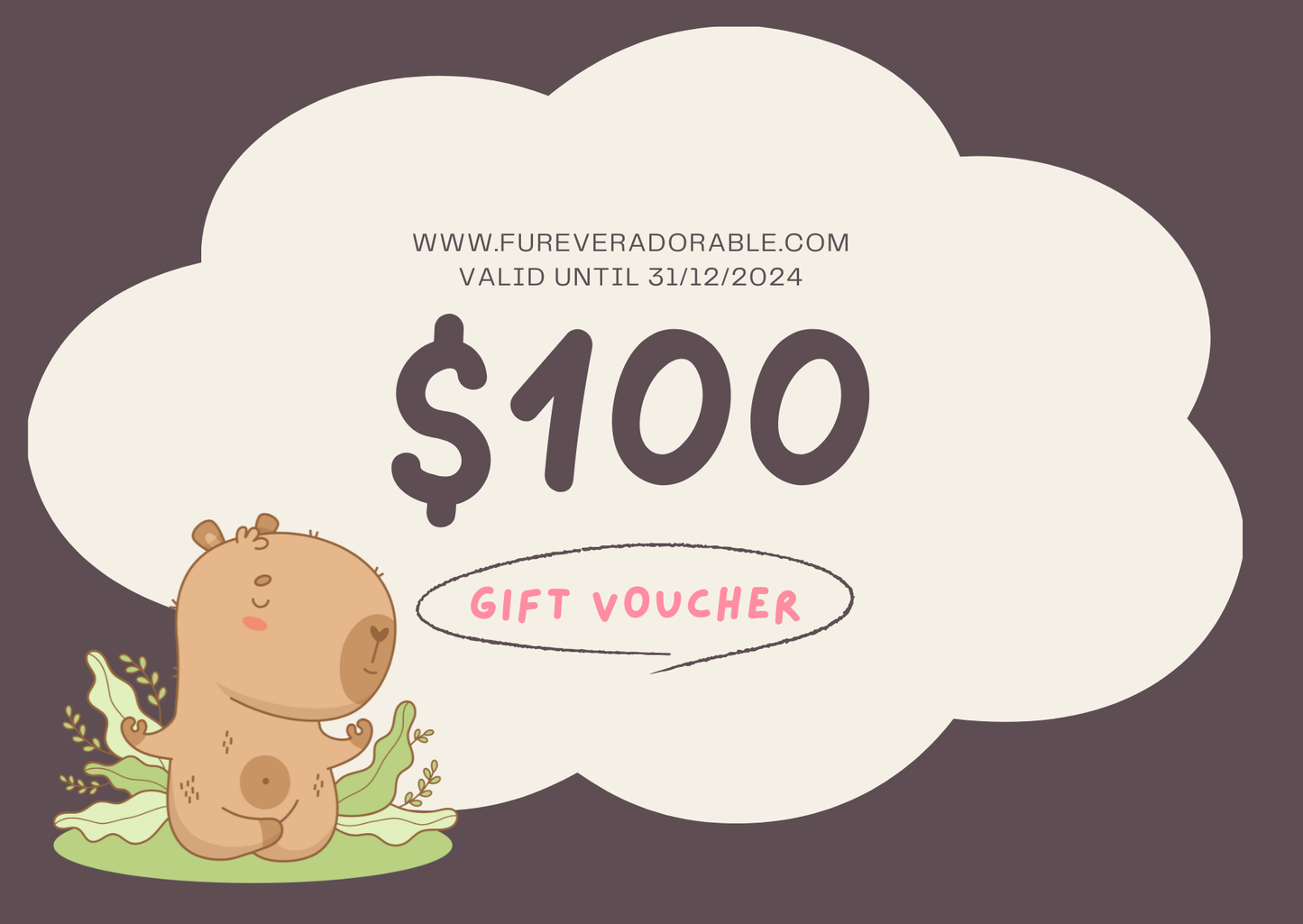 Gift voucher with a cartoon hippo and text on a dark background
