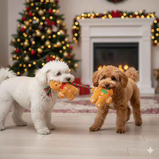 Two dogs playing with Christmas-themed toys in a festively decorated room with a tree and fireplace.