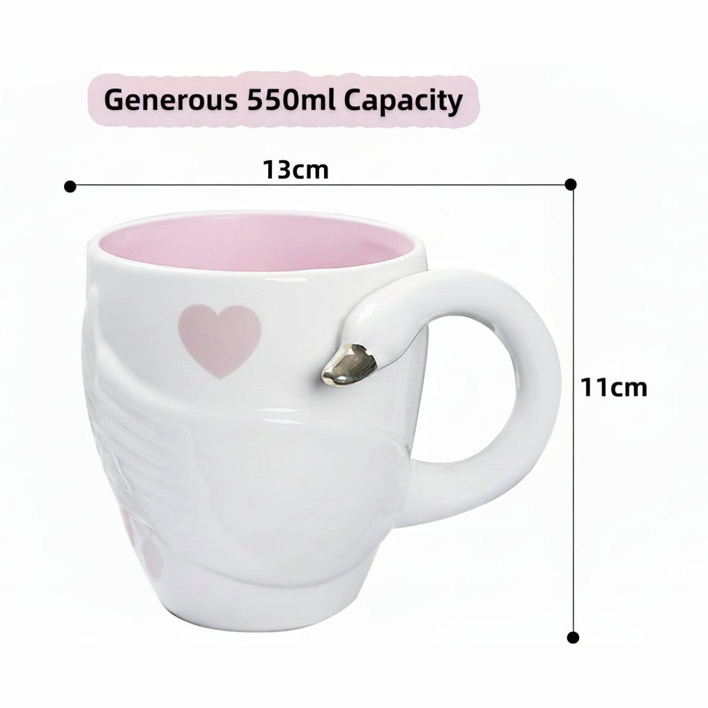 White mug with pink interior, heart design, and measurement details on a white background