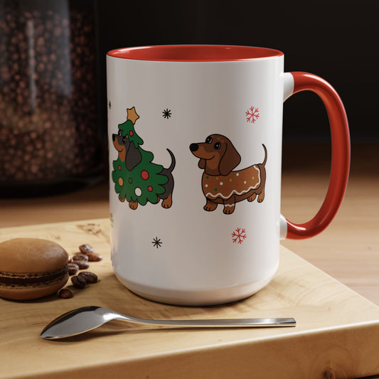 White mug with red interior and handle, featuring Christmas-themed dachshund illustrations on a wooden surface.