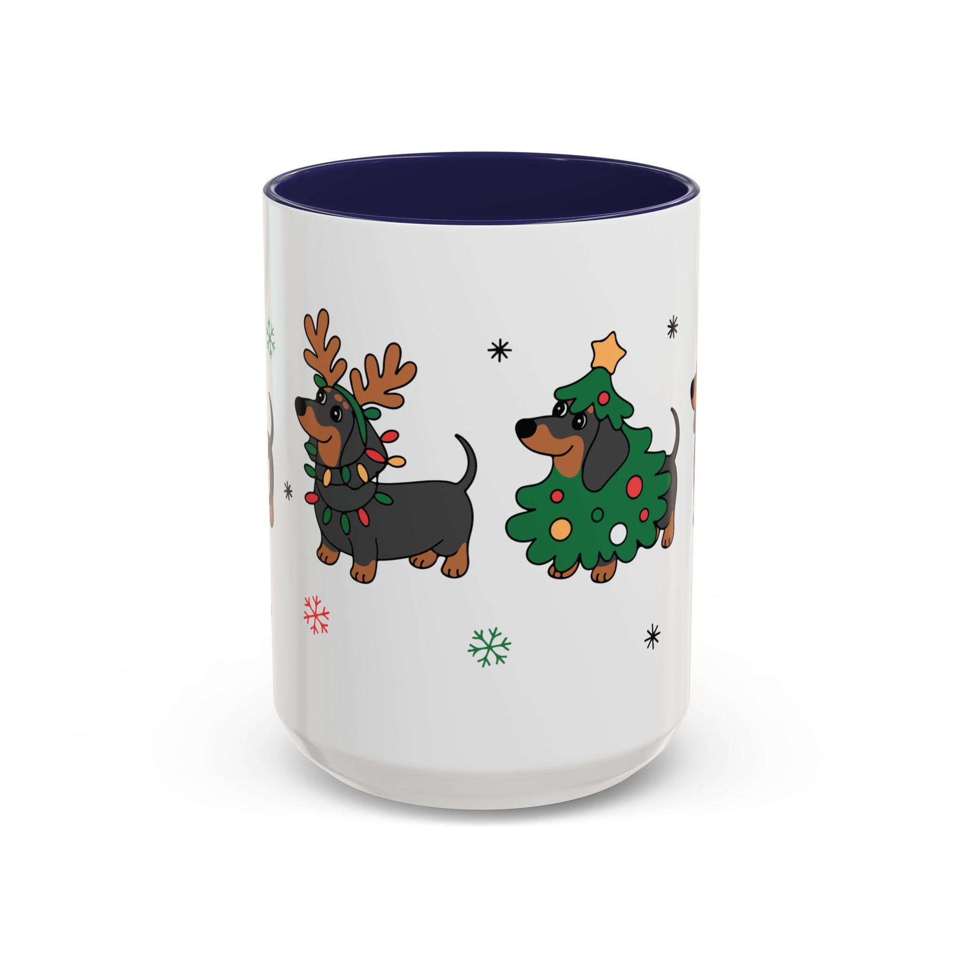 White mug with Christmas-themed dachshunds on a white background