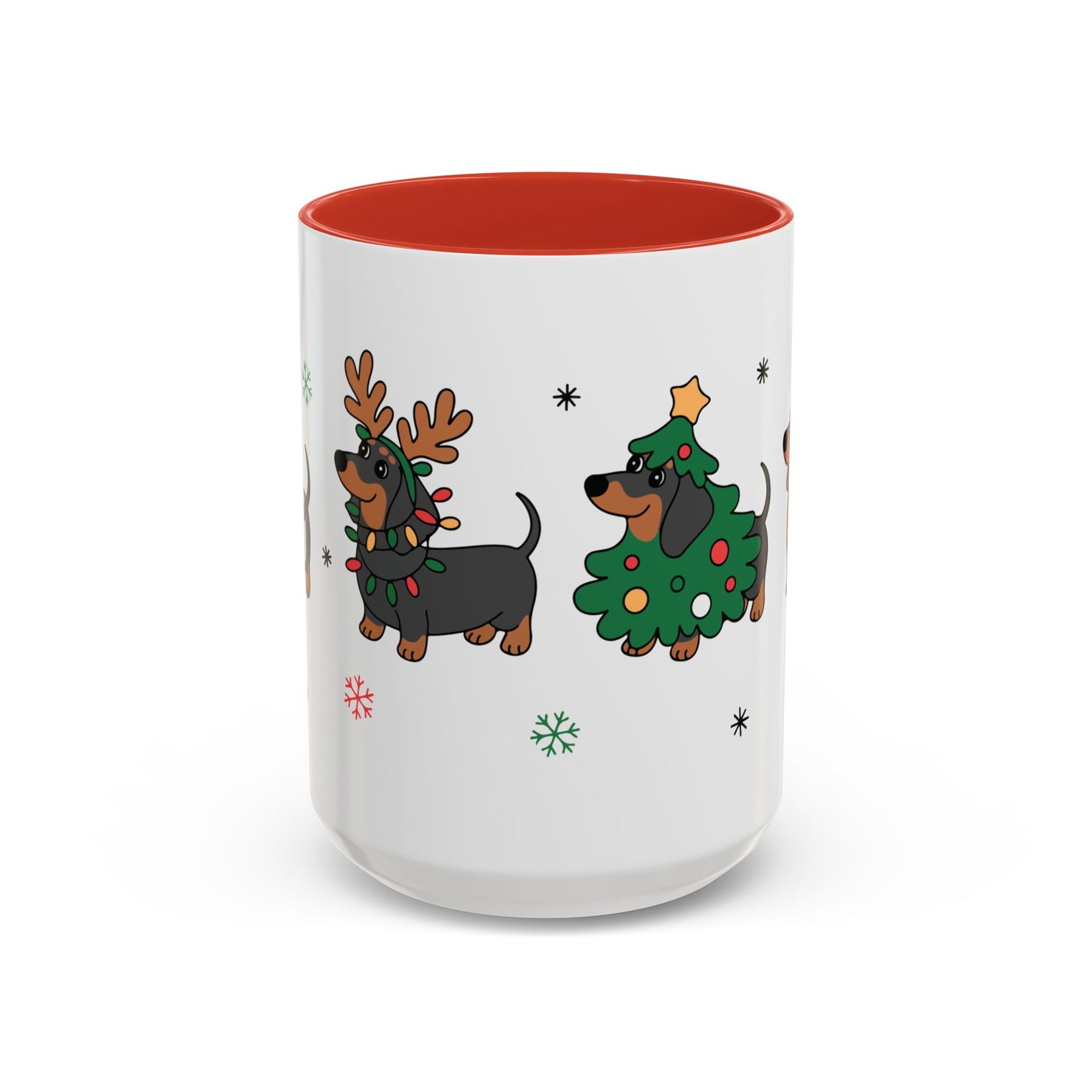 White mug with red interior, featuring Christmas-themed dachshunds on a white background