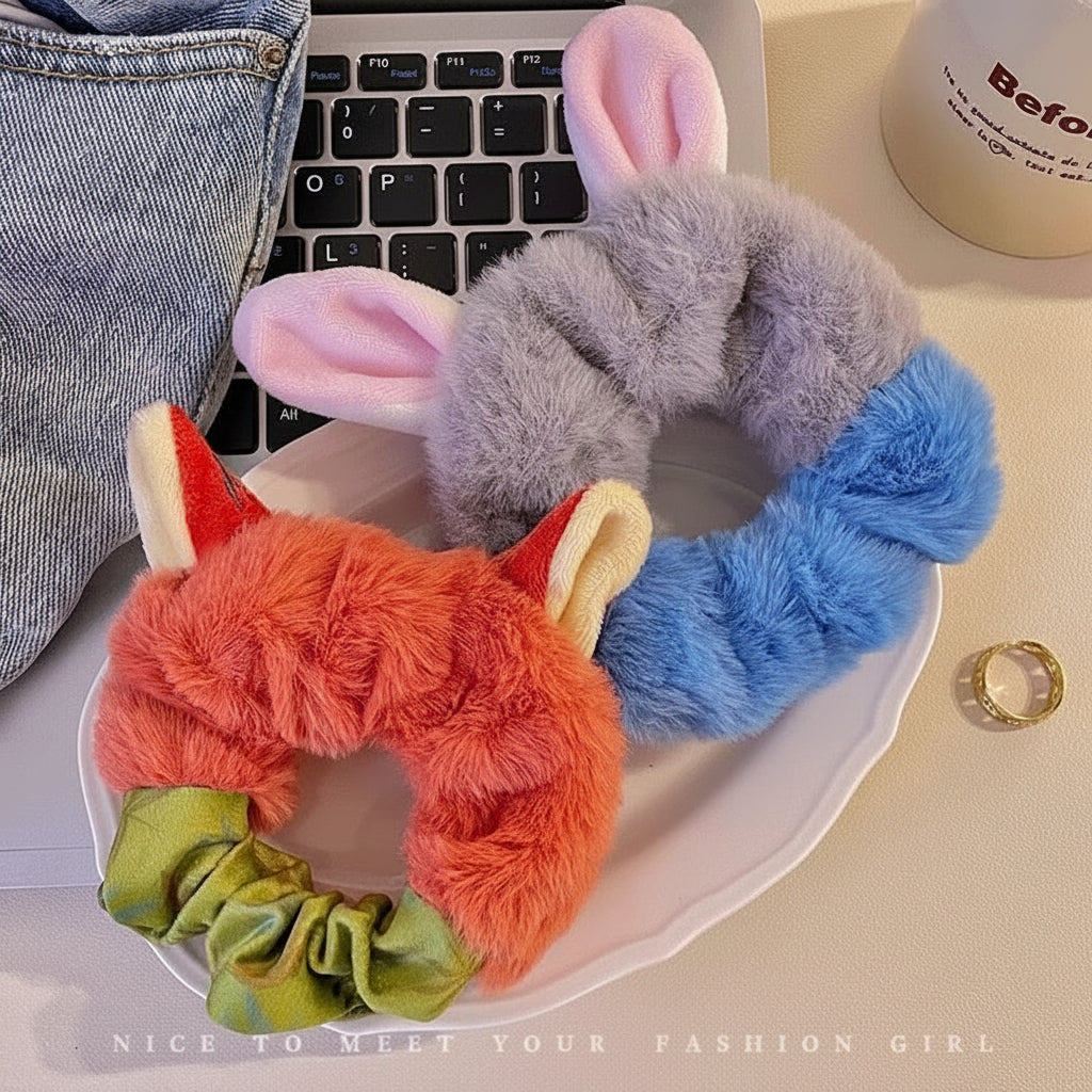 Nick & Judy's Cozy Critter Scrunchie Set - Zootopia-Inspired Fluffy Ears Hair Tie Furever Adorable