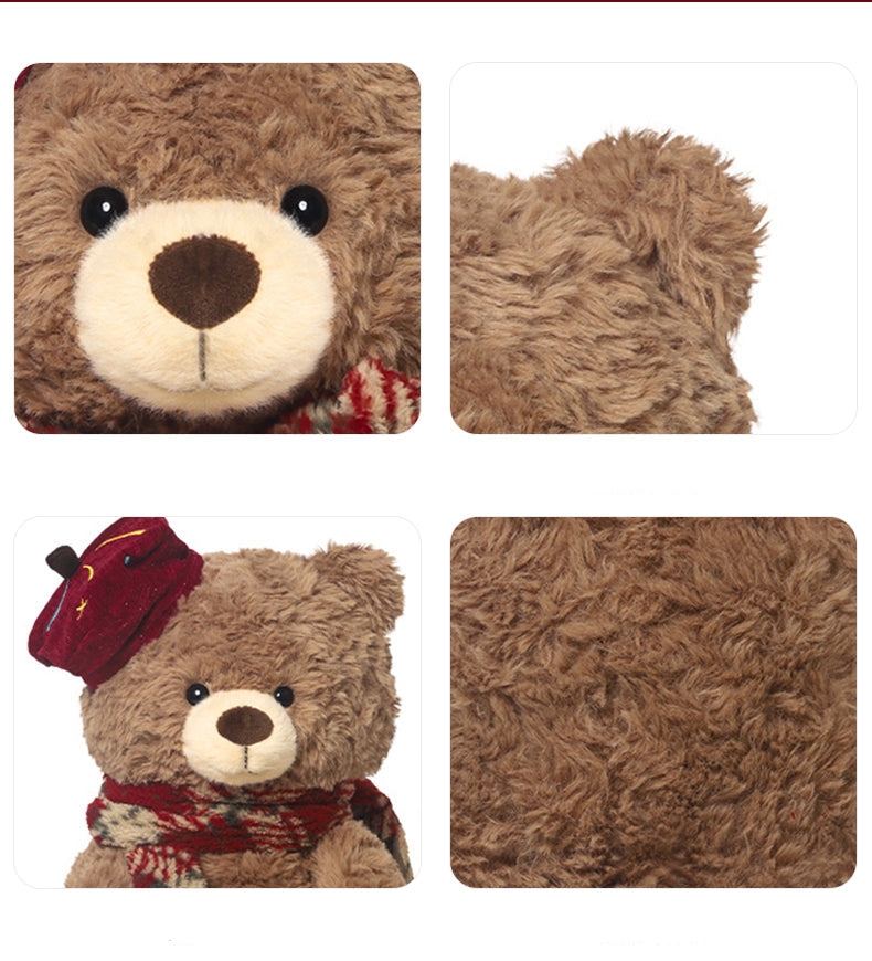 Collage of a teddy bear with a red hat and scarf, close-up of fur texture, and text labels on a white background.