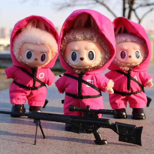 Labubu Squid Game pink guard costume – mini Squid Game cosplay outfit for fans, parties, and collectors.
