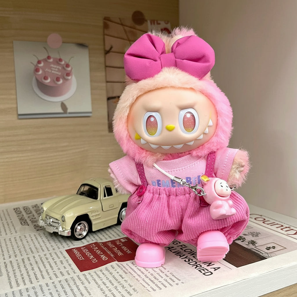 Labubu with pink outfit and large bow on head, standing on a surface with a toy car and newspaper in the background.