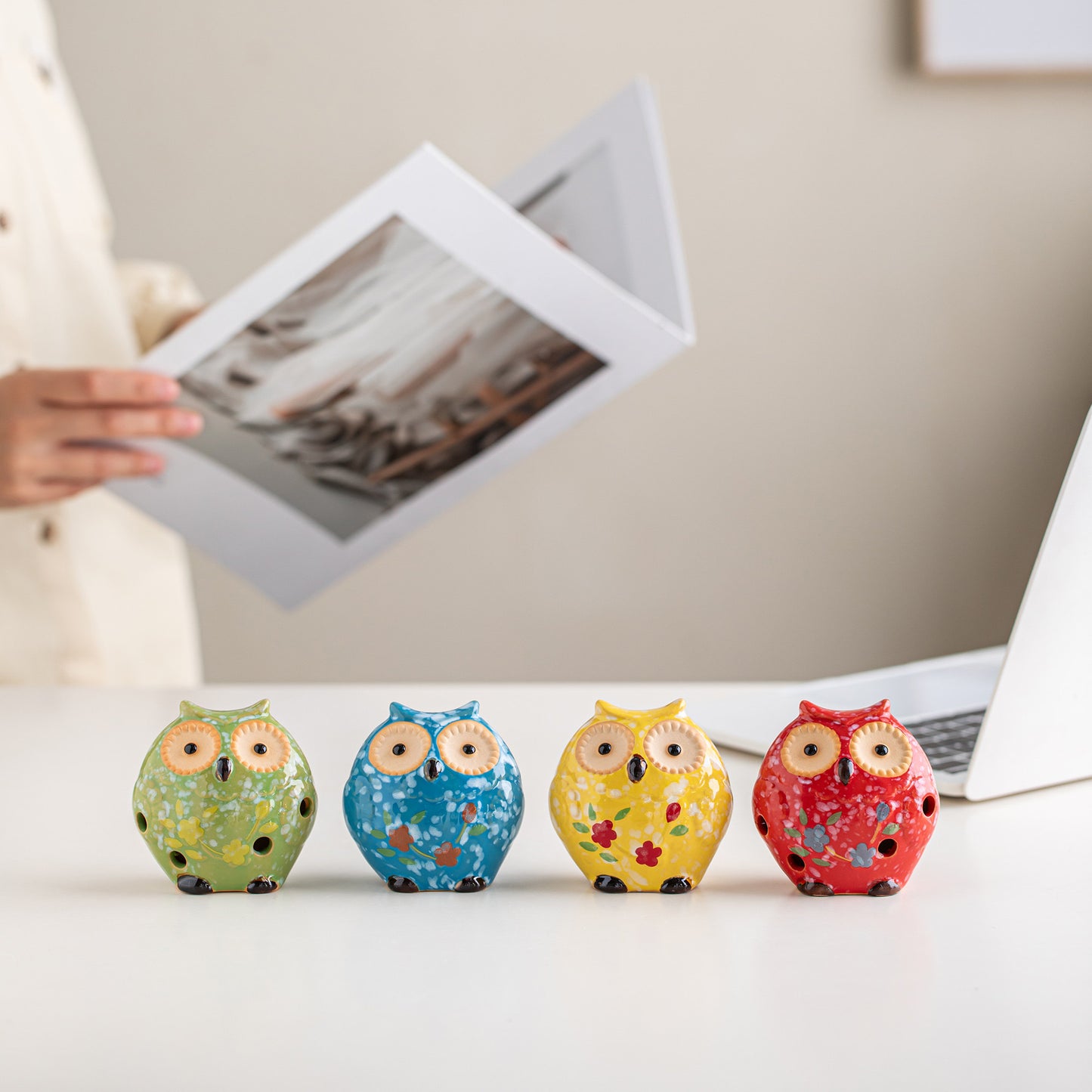 Whimsical Hoot Ceramic Owl Figurines – Colorful Quartet Set 🦉🌿 Furever Adorable