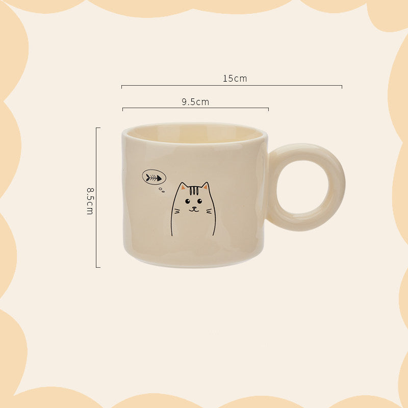 Beige mug with cat design and dimensions on a beige background