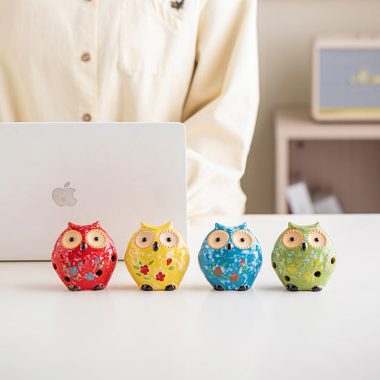 Whimsical Hoot Ceramic Owl Figurines – Colorful Quartet Set 🦉🌿 Furever Adorable 