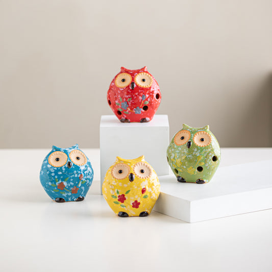 Whimsical Hoot Ceramic Owl Figurines – Colorful Quartet Set 🦉🌿 Furever Adorable 