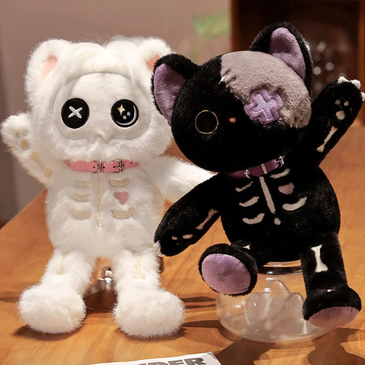 35cm Kawaii Black Serie Skeleton Cat Soft Plush Toy Creative Stuffed Animal Fluffly Gothic Skull Kitten for Kids Halloween Gifts Furever Adorable