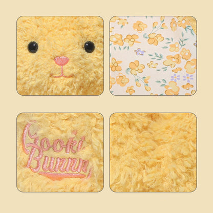 Product details of a plush toy with close-up shots on a beige background