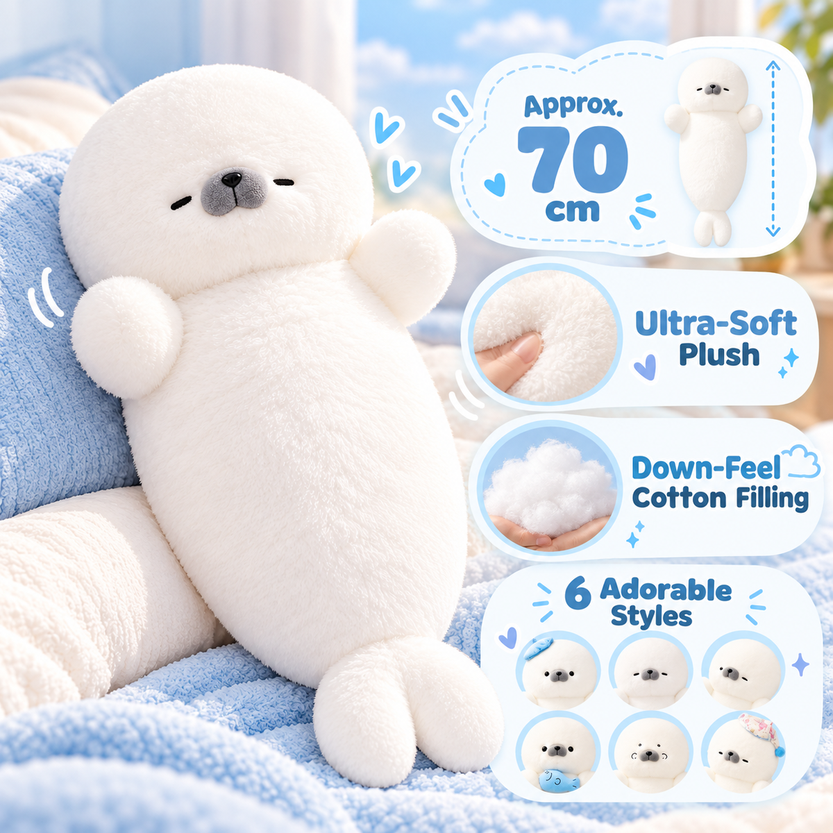 Feature guide for 70 cm white seal plush pillow with soft plush exterior and down-feel cotton filling