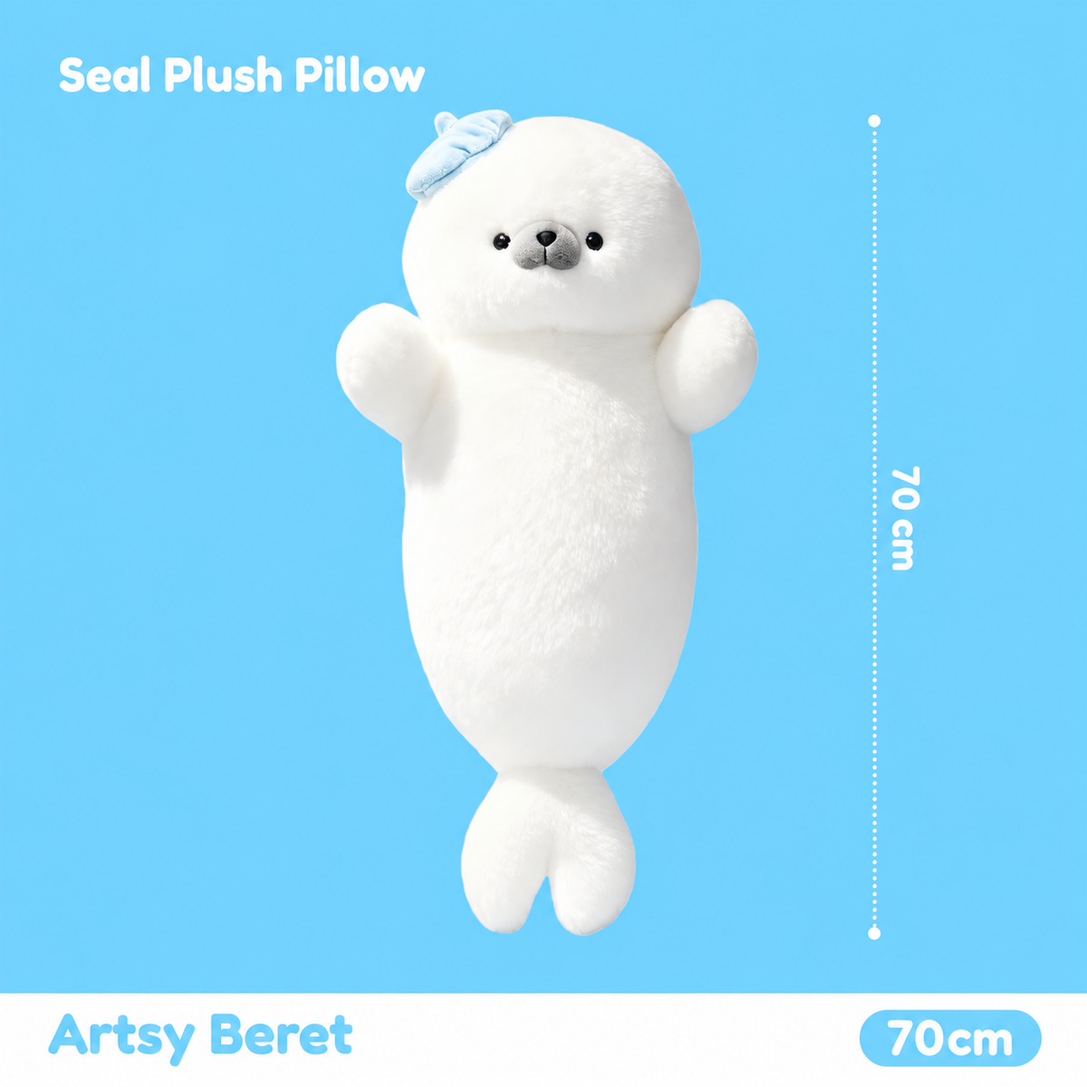 70 cm white seal plush pillow in Artsy Beret style