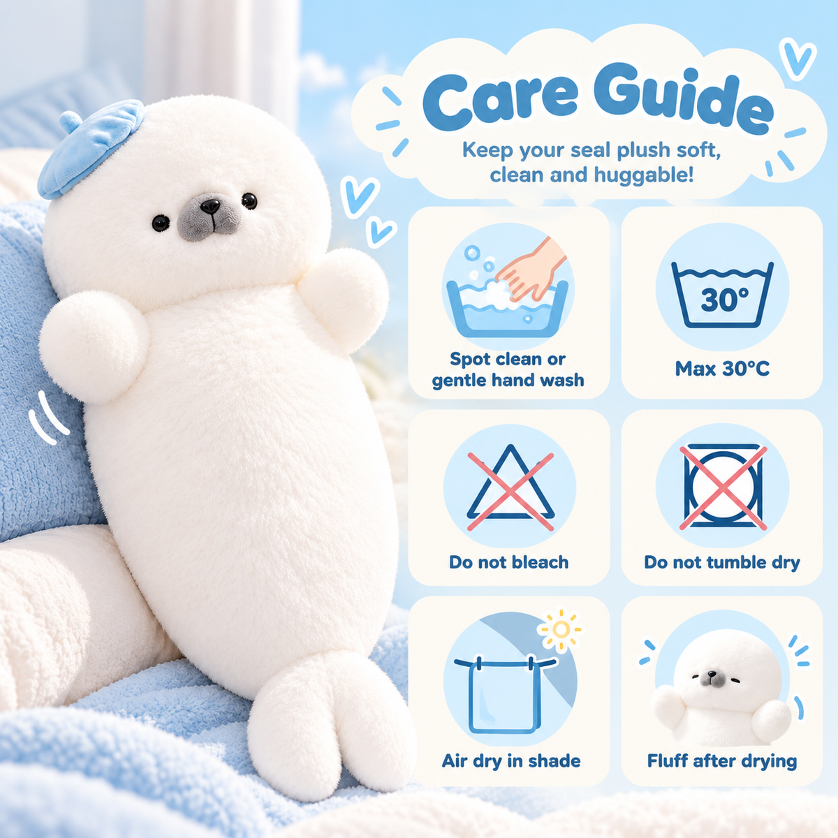 Care guide for white seal plush pillow with gentle hand wash and air dry instructions