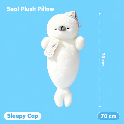70 cm white seal plush pillow in Sleepy Cap style