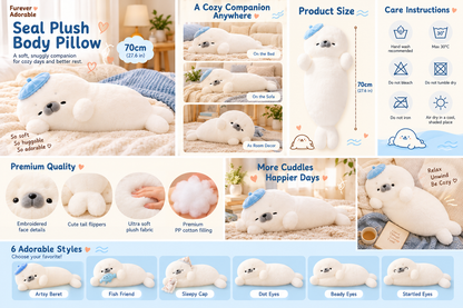 No-person lifestyle and feature gallery for the 70 cm white seal plush body pillow