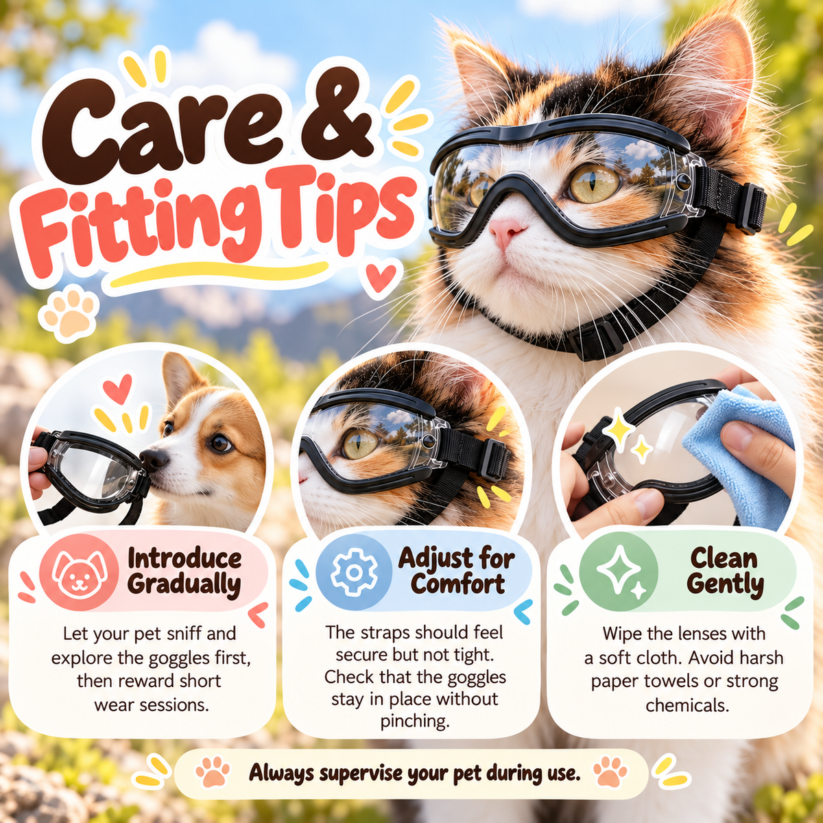 Pet goggles fitting and care tips