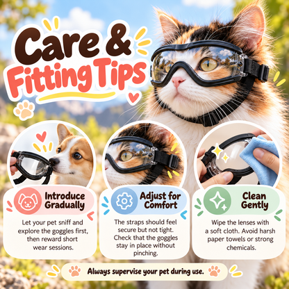 Pet goggles fitting and care tips
