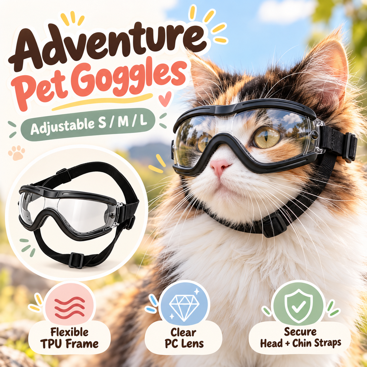 Adventure pet goggles for cats and dogs with adjustable straps