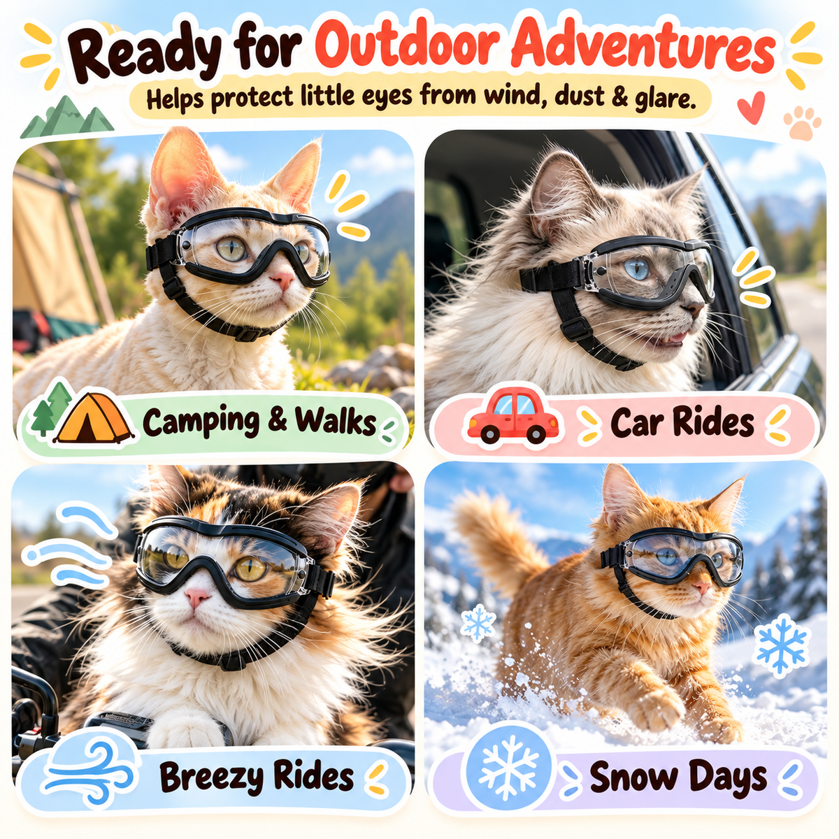 Cats wearing protective pet goggles during outdoor activities