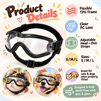 Pet goggles product details showing flexible TPU frame clear PC lens and adjustable straps
