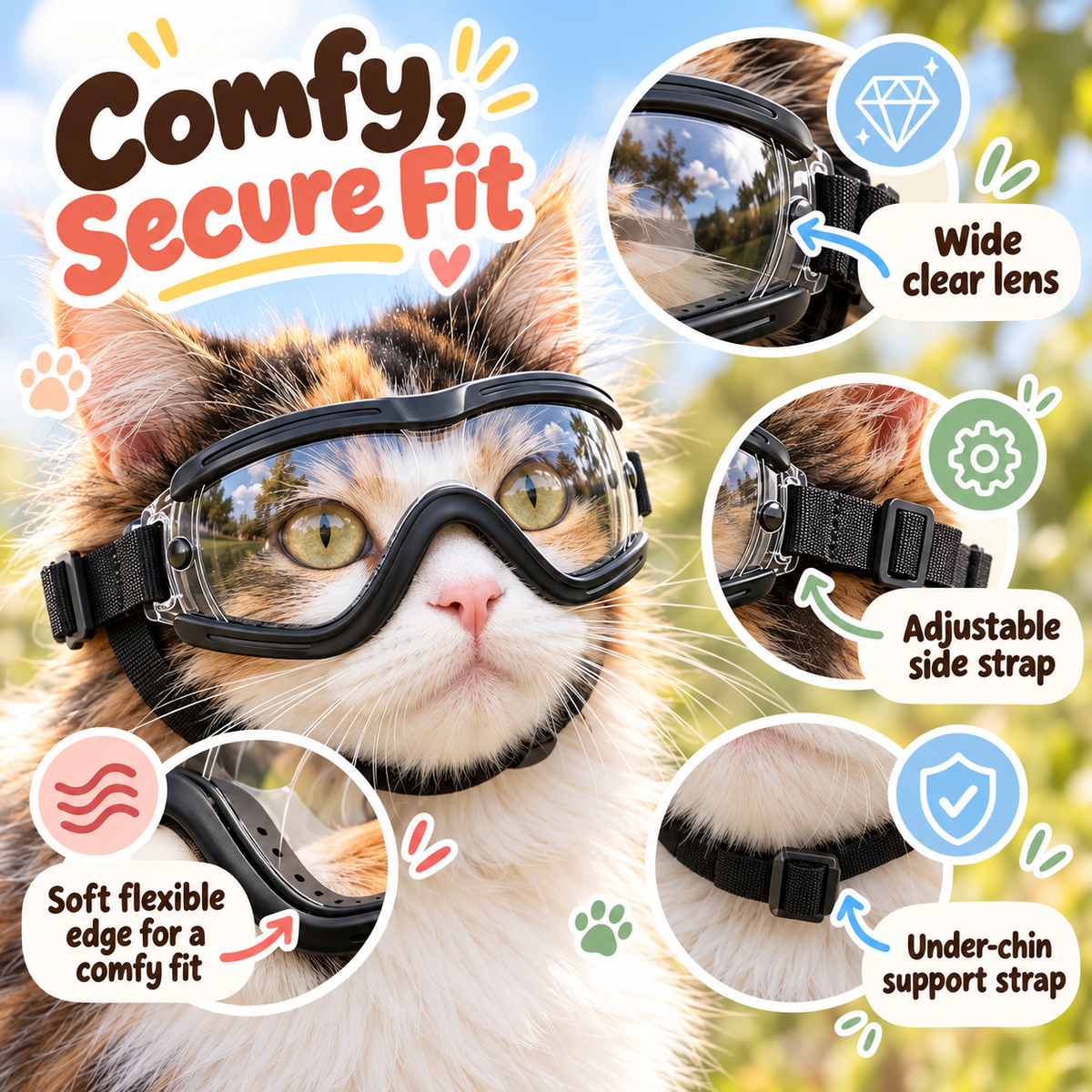 Pet goggles showing clear lens adjustable side strap and under-chin support