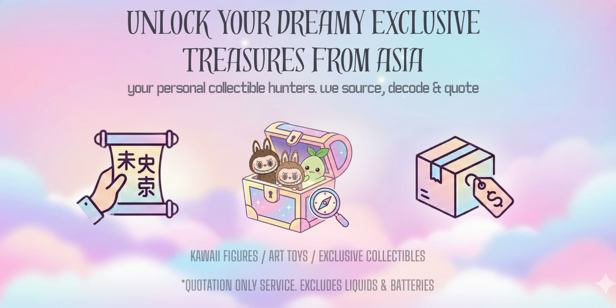 Promotional banner for a collectible hunting service with cartoon illustrations of a hand holding a scroll, a treasure chest, and a box.
