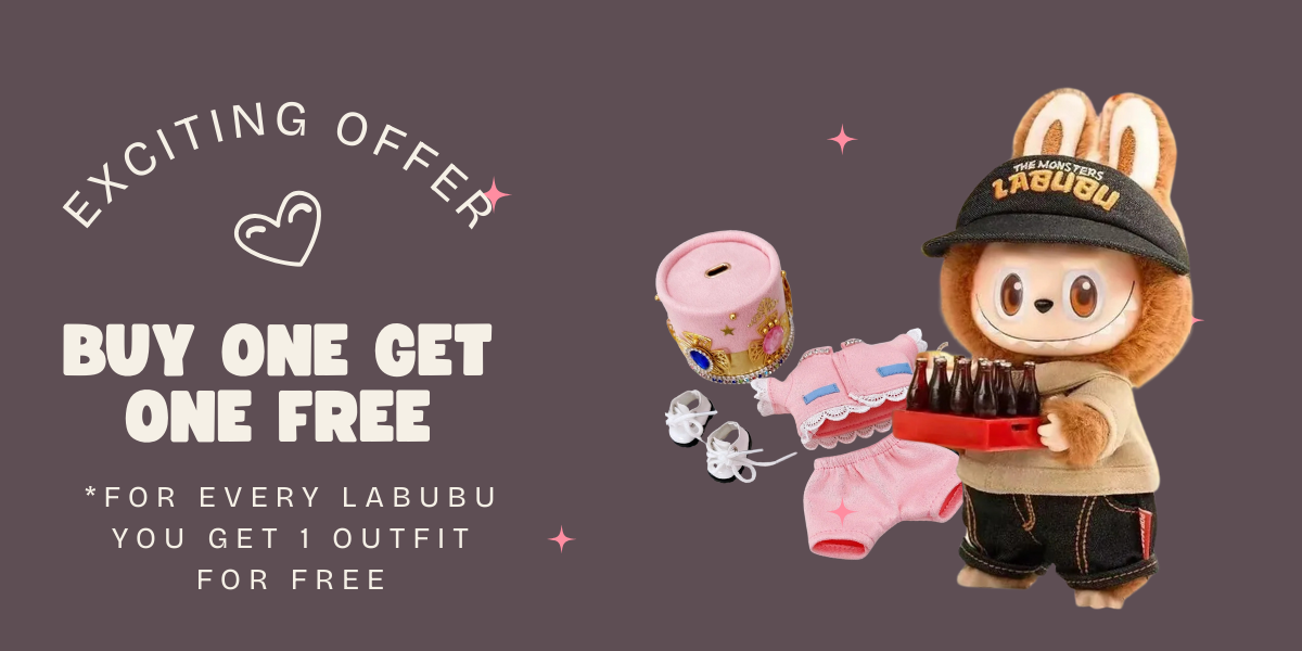 Promotional image of a Labubu toy with accessories and a 'buy one get one free' offer on a dark background.