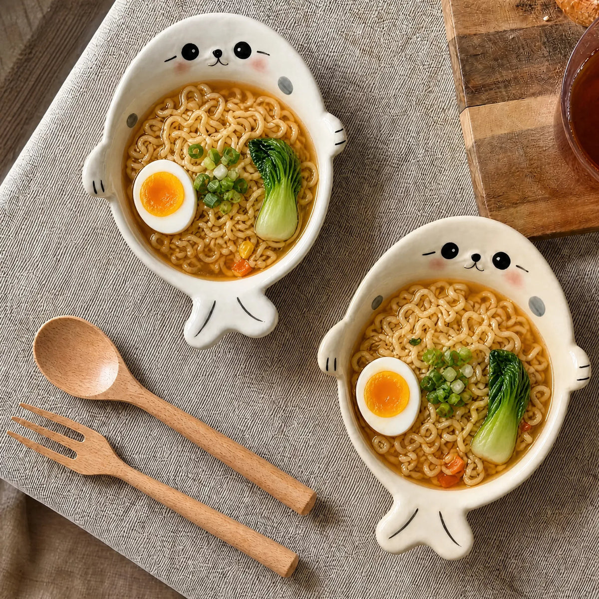 White and cream seal-shaped bowls filled with noodles