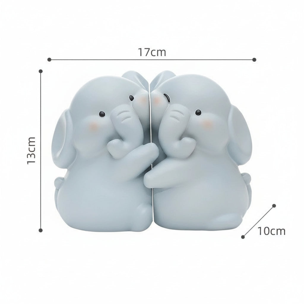 Two cartoon elephant bookends with dimensions on a white background