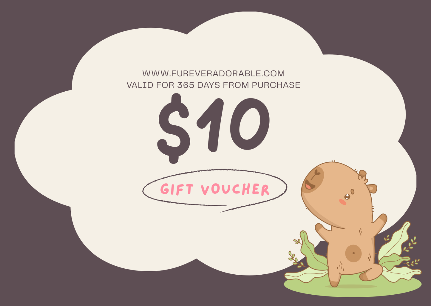 Gift voucher for $10 with a cartoon hippo on a dark background