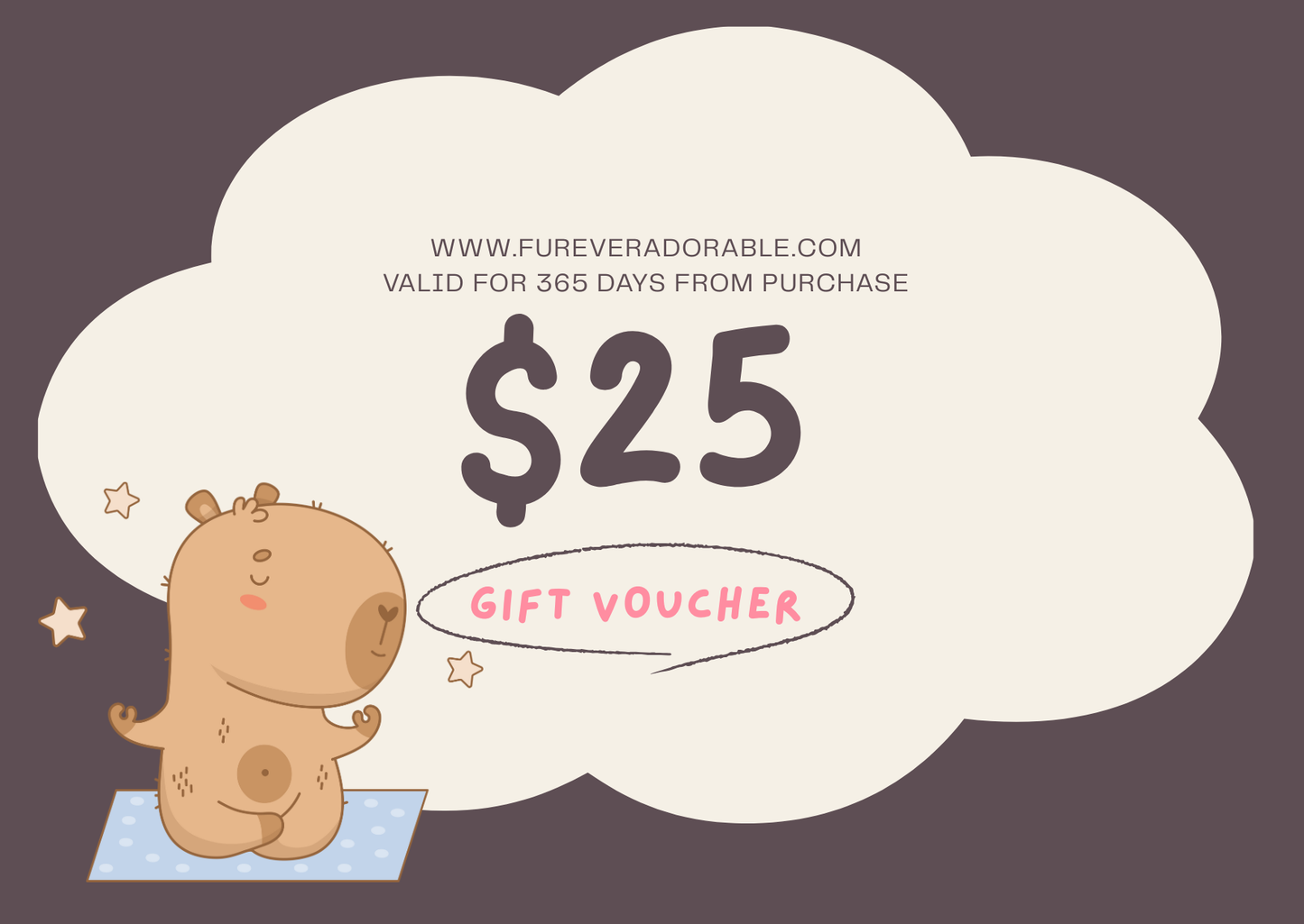 Cartoon bear holding a $25 gift voucher with a thought bubble on a dark background
