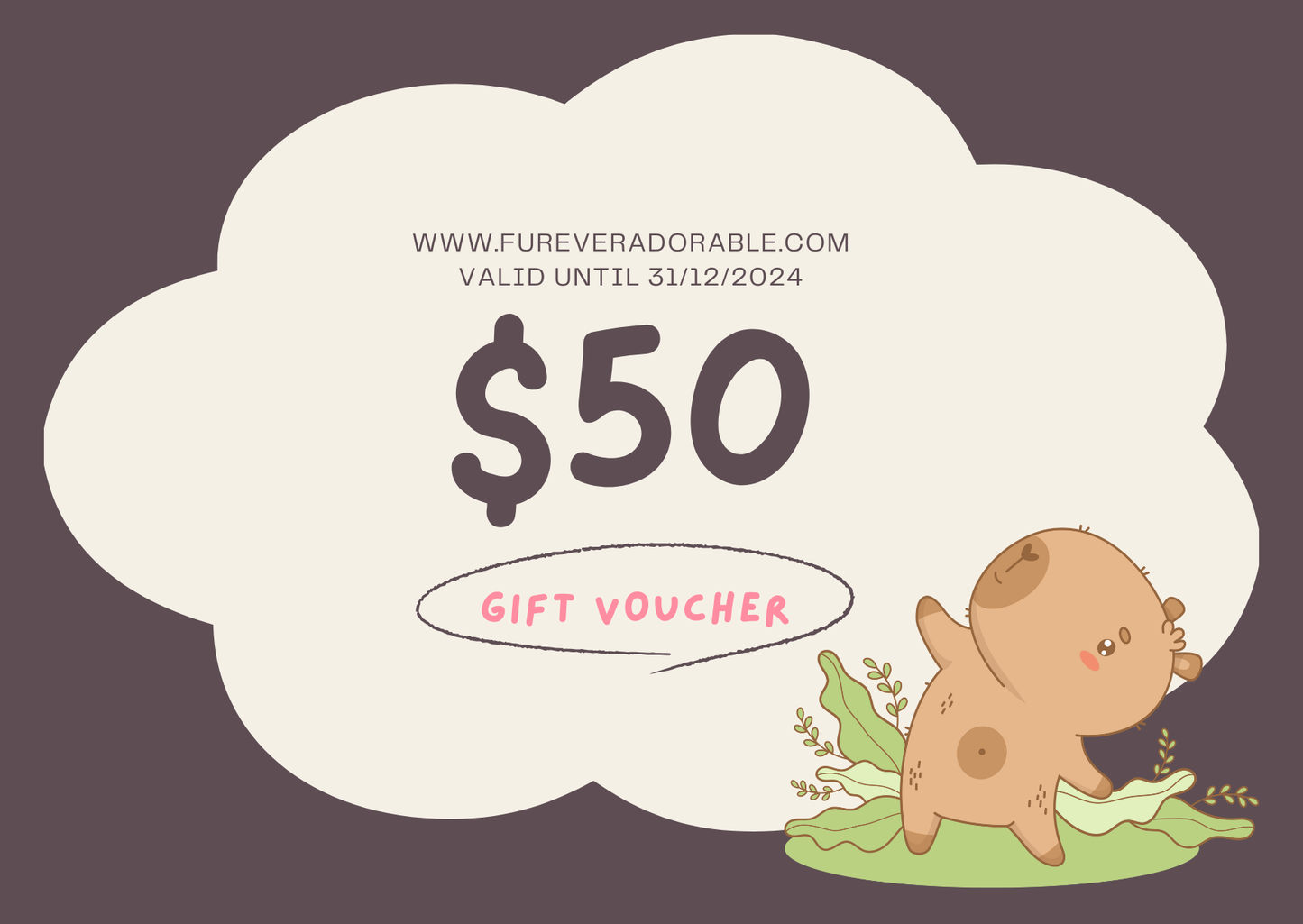 Gift voucher with a cartoon dog on a purple background