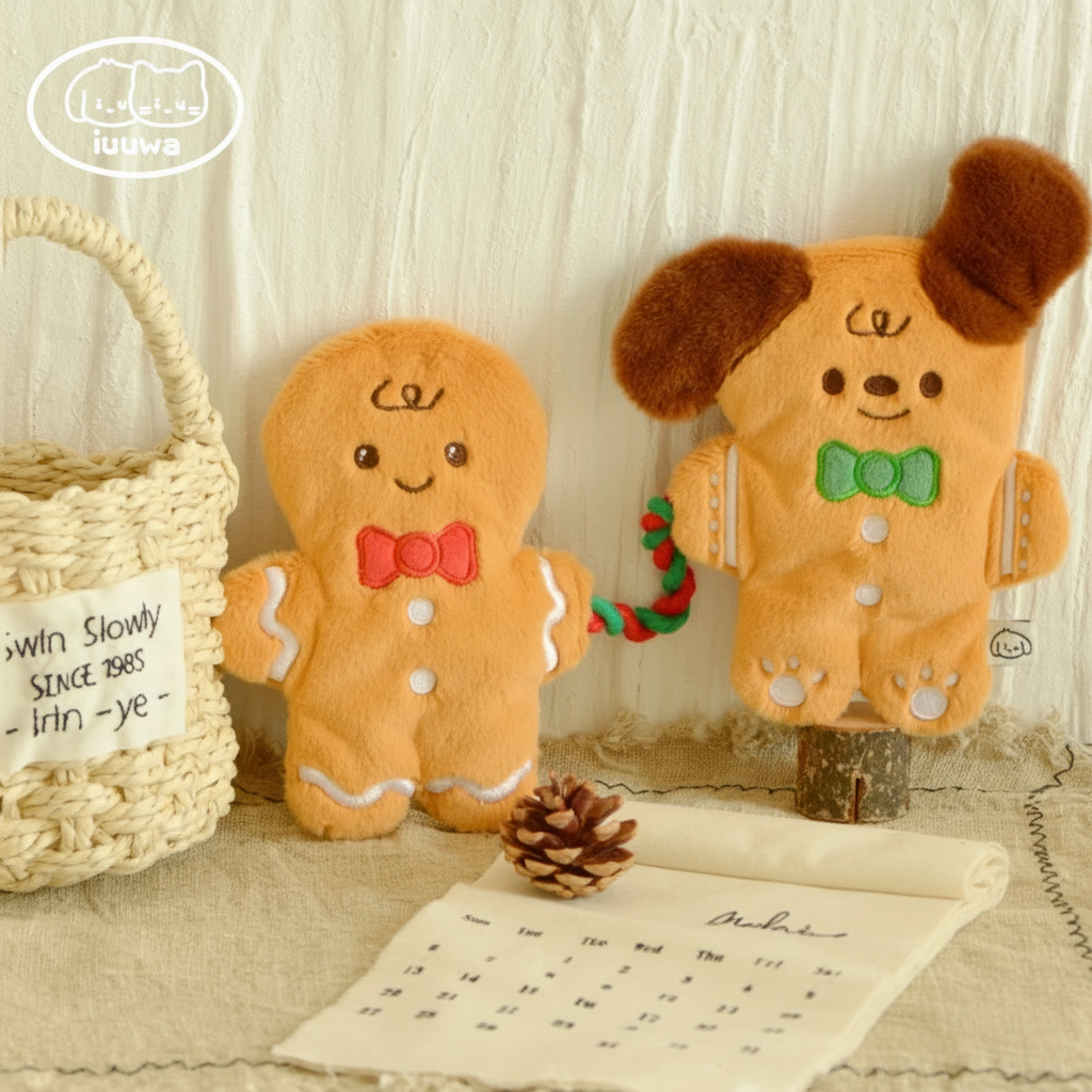Two plush toys, a gingerbread man and a dog, with a basket and pine cone on a wooden surface.