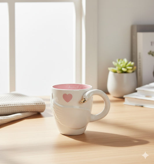 White mug with pink interior and heart design on a wooden surface with a soft focus background
