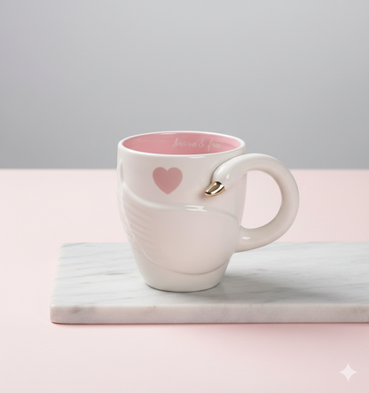 White mug with pink interior, heart design, and gold accent on a marble surface with pastel background