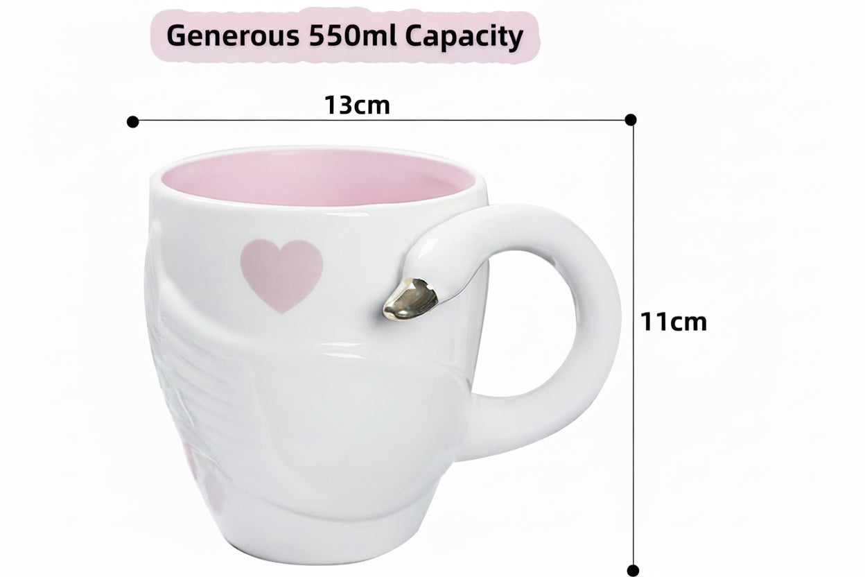 White mug with pink interior, heart design, and measurement details on a white background