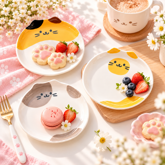 Cute ceramic cat plates styled with strawberries and tea treats