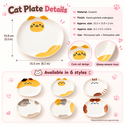 Ceramic cat plate size and product details showing six available styles