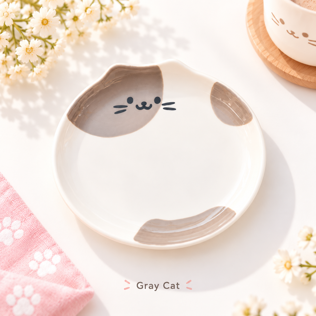 Gray Cat ceramic plate in a pastel tabletop setting