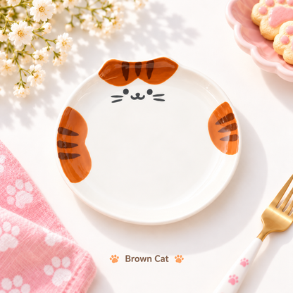 Brown Cat ceramic plate in a pastel tabletop setting